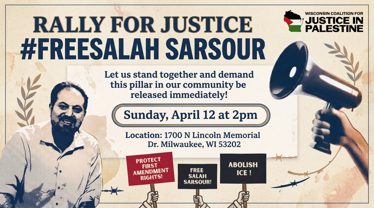 Rally for Justice flyer — Sunday April 12 at 2pm, 1700 N Lincoln Memorial Dr, Milwaukee WI